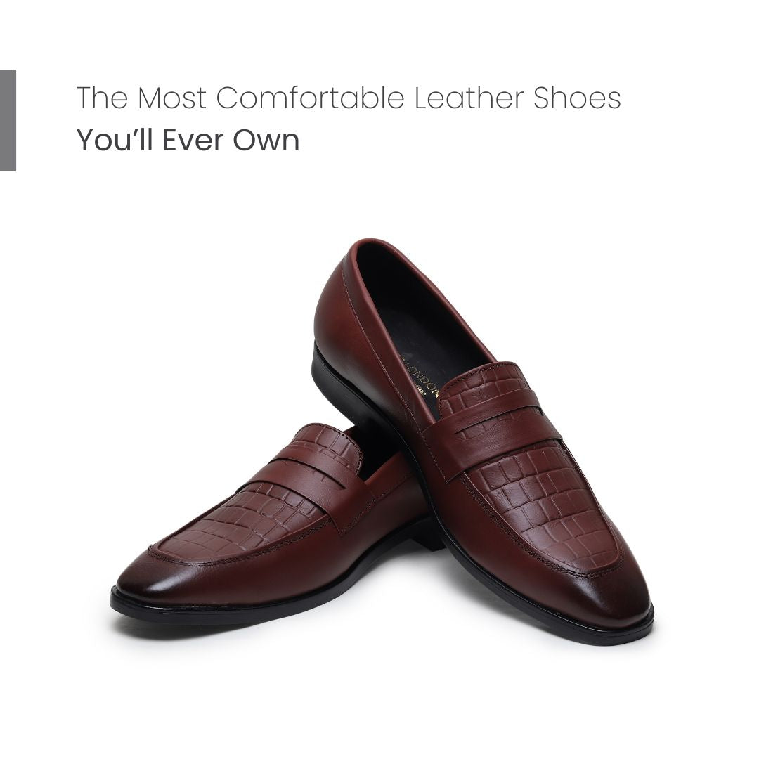 Hayes London | Milan Brown Formal Penny Loafers for Men – Genuine Leather Croco Slip-On Shoes for Office & Party Wear