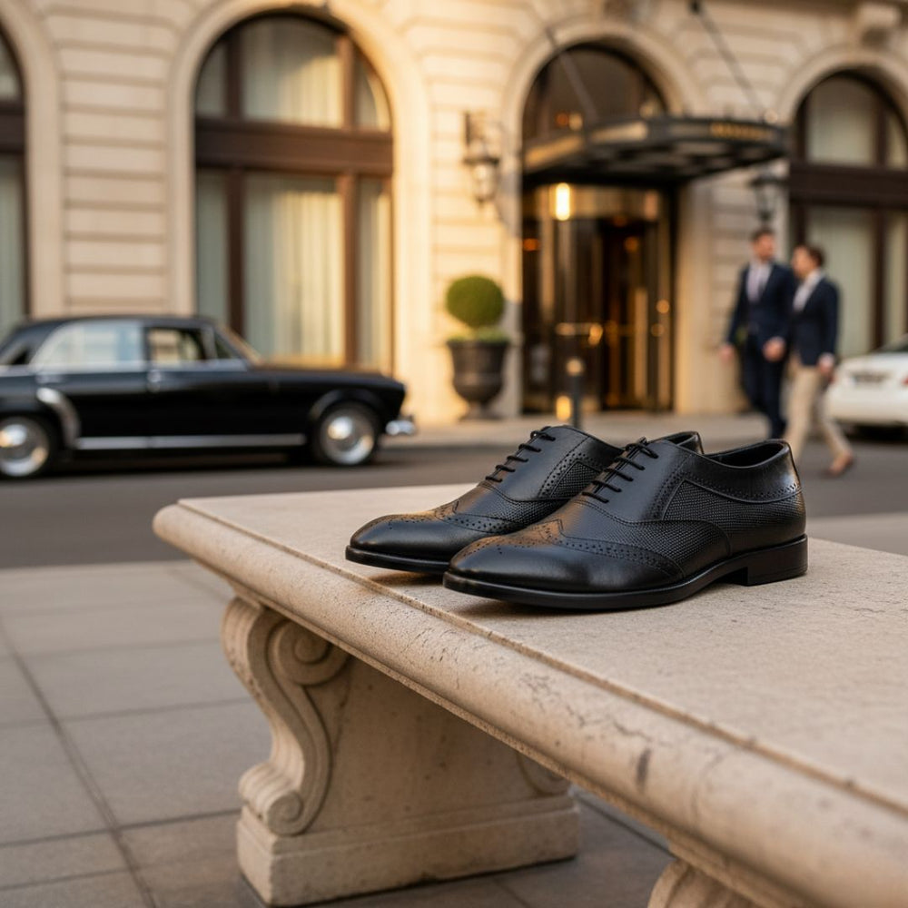 Hayes London | Monarch Wingtip Brogues – Black Perforated Genuine Leather Men’s Shoes