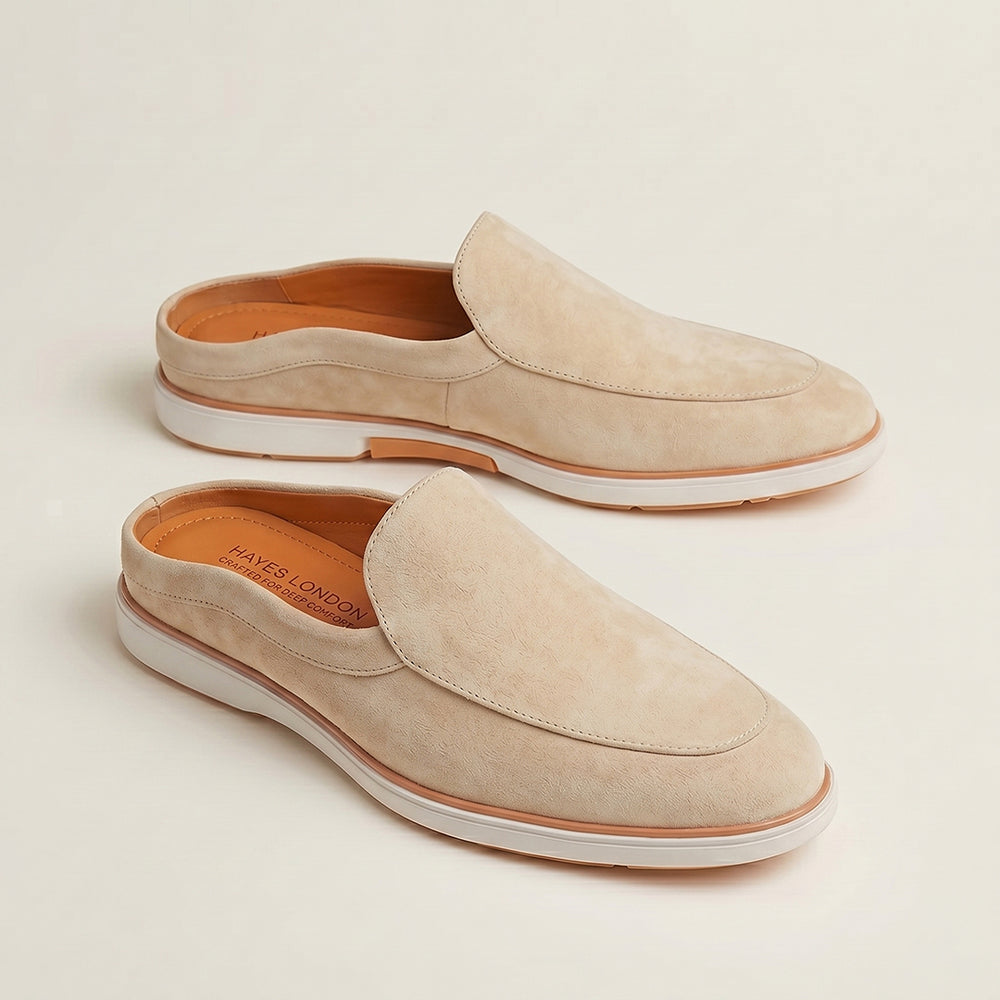 Hayes London | Riviera Beige - Italian Suede Leather Backless Slip-On Mule Loafers for Men – Casual Summer-Walk Half Shoes