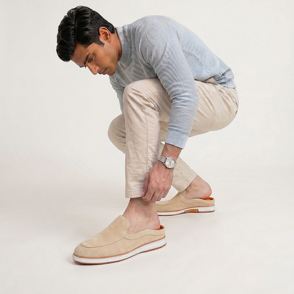 Hayes London | Riviera Beige - Italian Suede Leather Backless Slip-On Mule Loafers for Men – Casual Summer-Walk Half Shoes