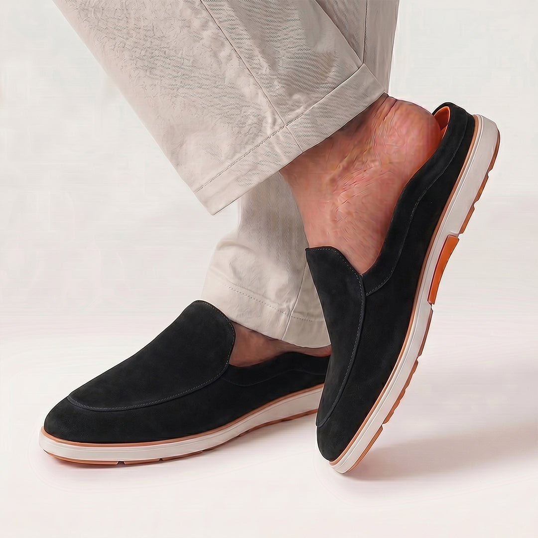Hayes London | Riviera Black - Italian Suede Leather Backless Slip-On Mule Loafers for Men – Casual Summer-Walk Half Shoes