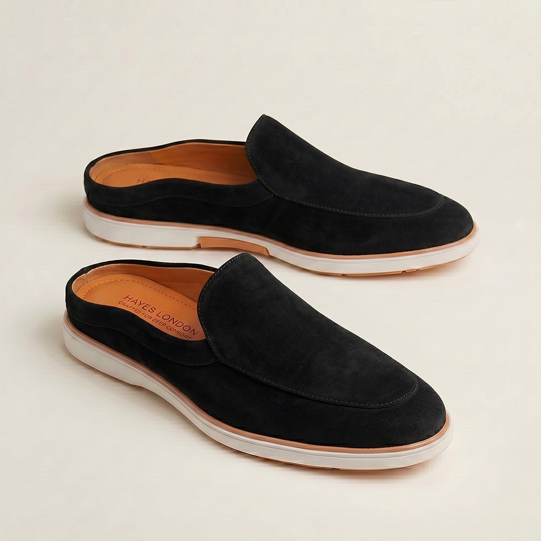 Hayes London | Riviera Black - Italian Suede Leather Backless Slip-On Mule Loafers for Men – Casual Summer-Walk Half Shoes