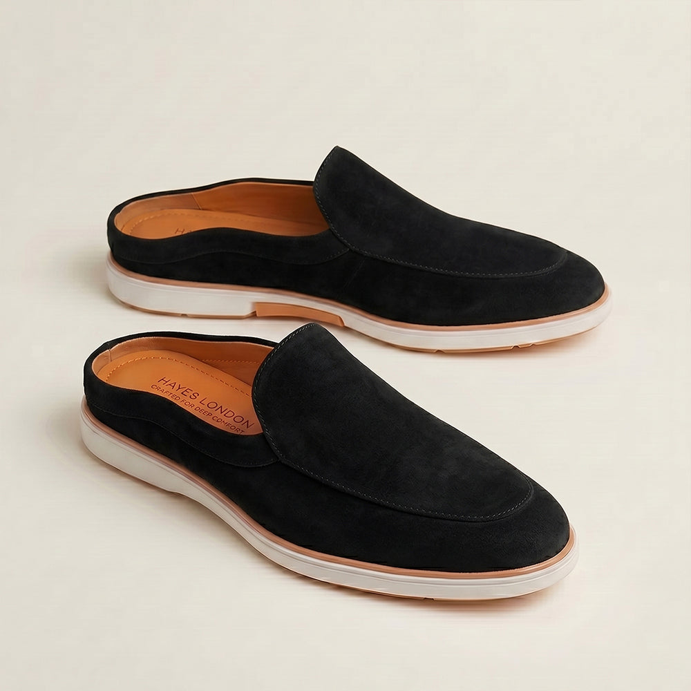 Hayes London | Riviera Black - Italian Suede Leather Backless Slip-On Mule Loafers for Men – Casual Summer-Walk Half Shoes
