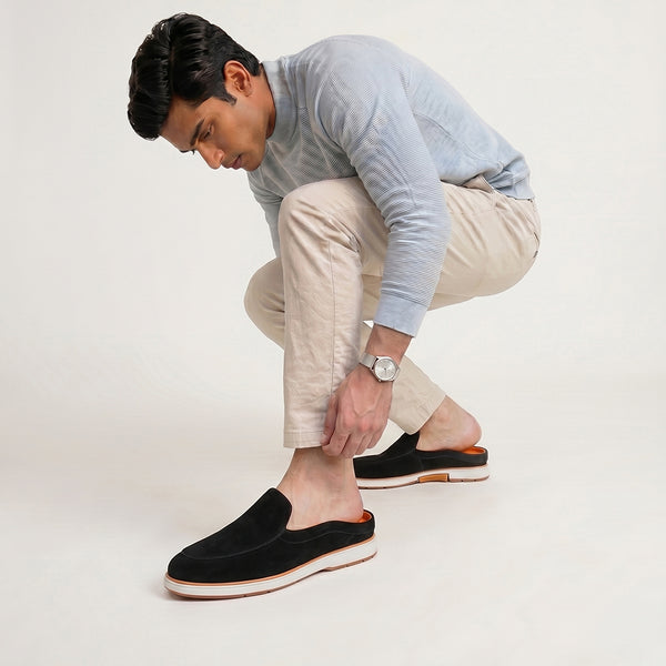 Hayes London | Riviera Black - Italian Suede Leather Backless Slip-On Mule Loafers for Men – Casual Summer-Walk Half Shoes