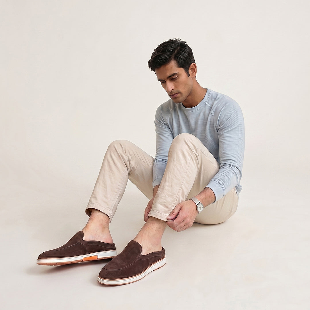 Hayes London | Riviera Brown - Italian Suede Leather Backless Slip-On Mule Loafers for Men – Casual Summer-Walk Half Shoes