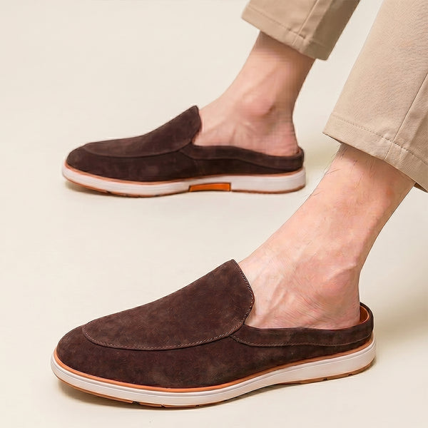 Hayes London | Riviera Brown - Italian Suede Leather Backless Slip-On Mule Loafers for Men – Casual Summer-Walk Half Shoes