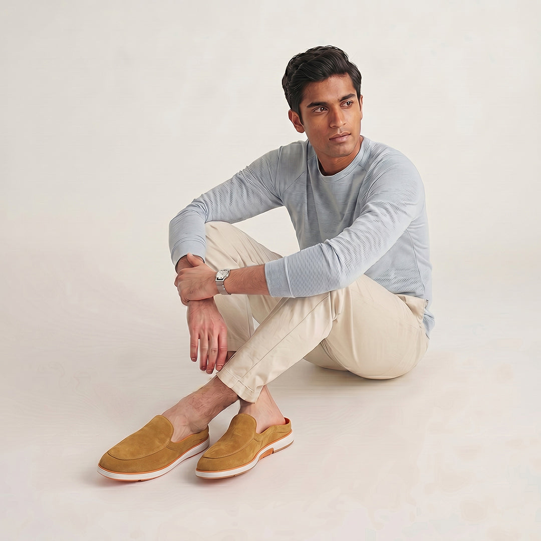 Hayes London | Riviera Camel Brown - Italian Suede Leather Backless Slip-On Mule Loafers for Men – Casual Summer-Walk Half Shoes
