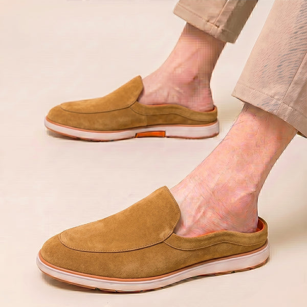 Hayes London | Riviera Camel Brown - Italian Suede Leather Backless Slip-On Mule Loafers for Men – Casual Summer-Walk Half Shoes
