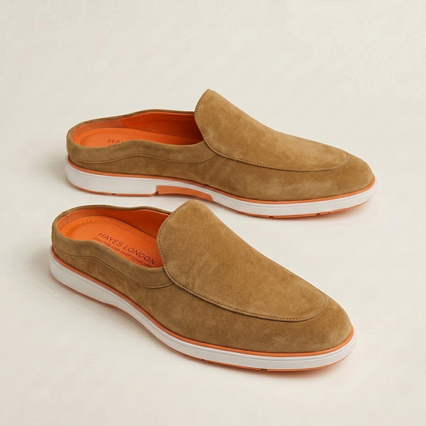 Hayes London | Riviera Camel Brown - Italian Suede Leather Backless Slip-On Mule Loafers for Men – Casual Summer-Walk Half Shoes