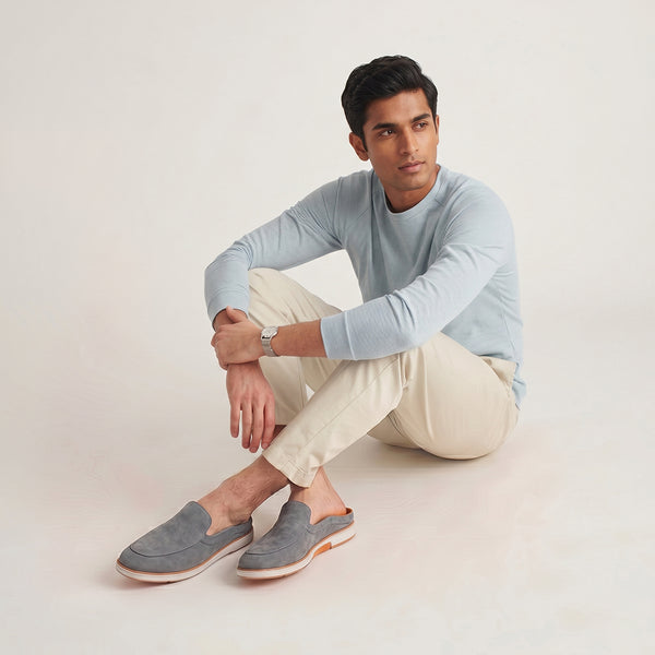 Hayes London | Riviera Ash Grey Italian Suede Leather Mules for Men – Breathable Backless Slip-On Shoes for Casual & Everyday Wear