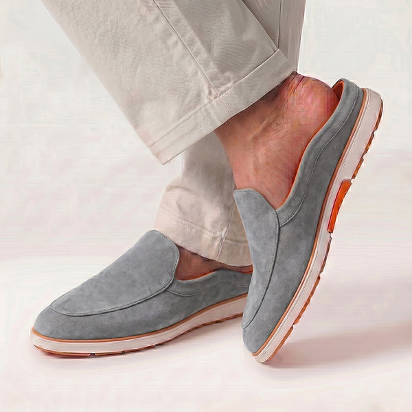 Hayes London | Riviera Ash Grey Italian Suede Leather Mules for Men – Breathable Backless Slip-On Shoes for Casual & Everyday Wear