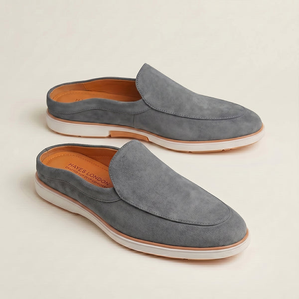 Hayes London | Riviera Ash Grey Italian Suede Leather Mules for Men – Breathable Backless Slip-On Shoes for Casual & Everyday Wear