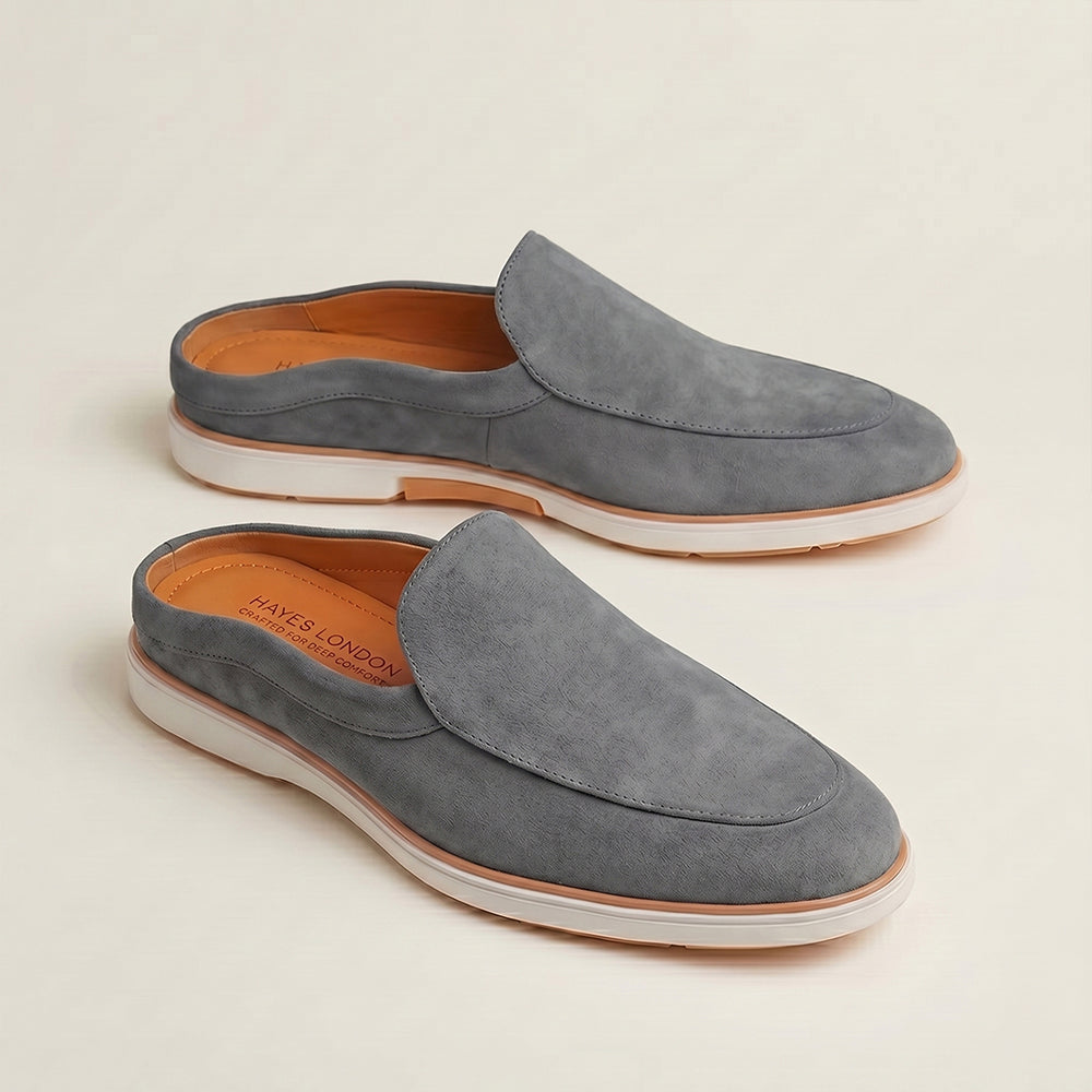 Hayes London | Riviera Ash Grey - Italian Suede Leather Backless Slip-On Mule Loafers for Men – Casual Summer-Walk Half Shoes
