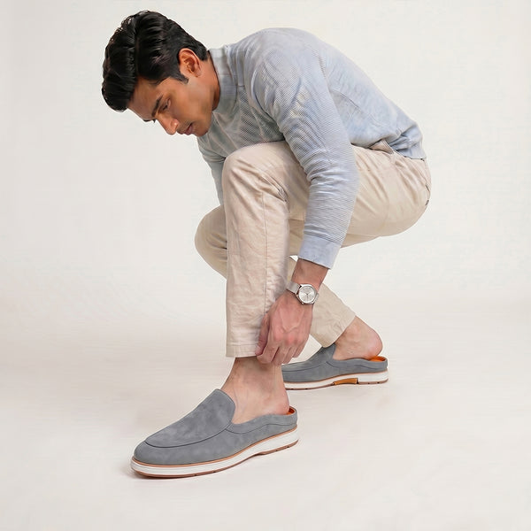 Hayes London | Riviera Ash Grey Italian Suede Leather Mules for Men – Breathable Backless Slip-On Shoes for Casual & Everyday Wear