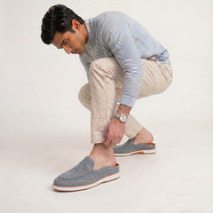Hayes London | Riviera Ash Grey - Italian Suede Leather Backless Slip-On Mule Loafers for Men – Casual Summer-Walk Half Shoes