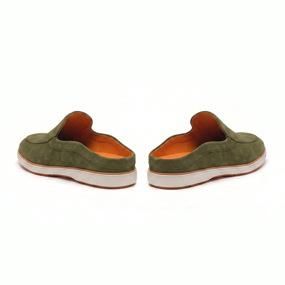 Hayes London | Riviera Olive Green - Italian Suede Leather Backless Slip-On Mule Loafers for Men – Casual Summer-Walk Half Shoes