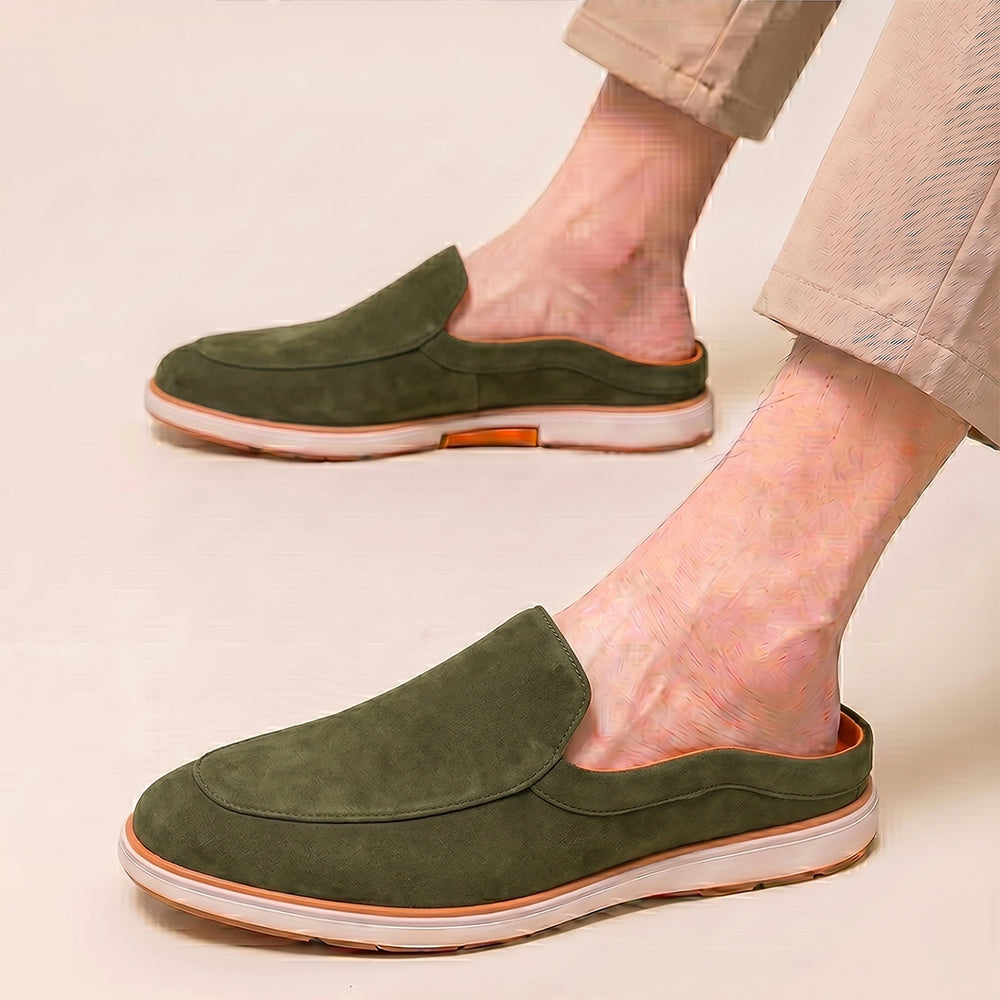 Hayes London | Riviera Olive Green - Italian Suede Leather Backless Slip-On Mule Loafers for Men – Casual Summer-Walk Half Shoes