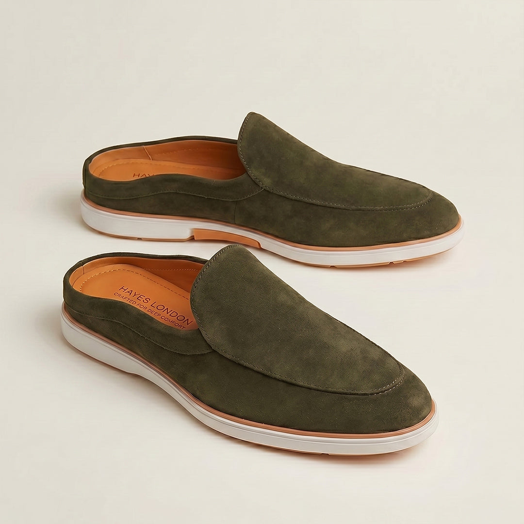 Hayes London | Riviera Olive Green - Italian Suede Leather Backless Slip-On Mule Loafers for Men – Casual Summer-Walk Half Shoes