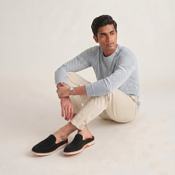 Hayes London | Riviera Black - Italian Suede Leather Backless Slip-On Mule Loafers for Men – Casual Summer-Walk Half Shoes