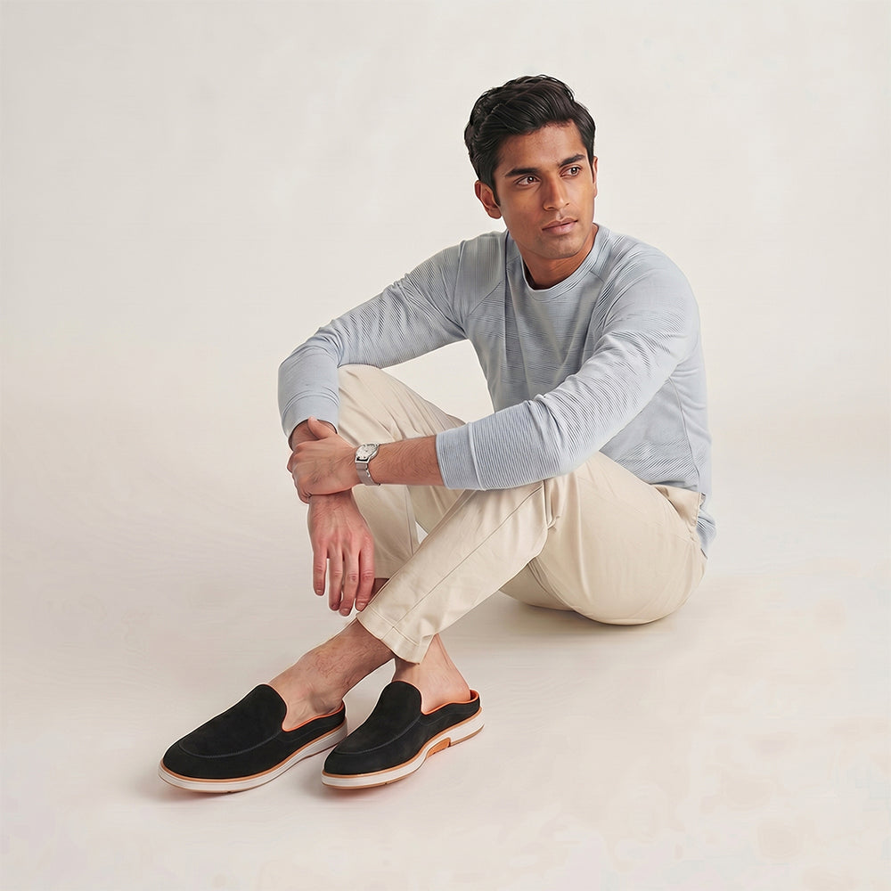 Hayes London | Riviera Black - Italian Suede Leather Backless Slip-On Mule Loafers for Men – Casual Summer-Walk Half Shoes