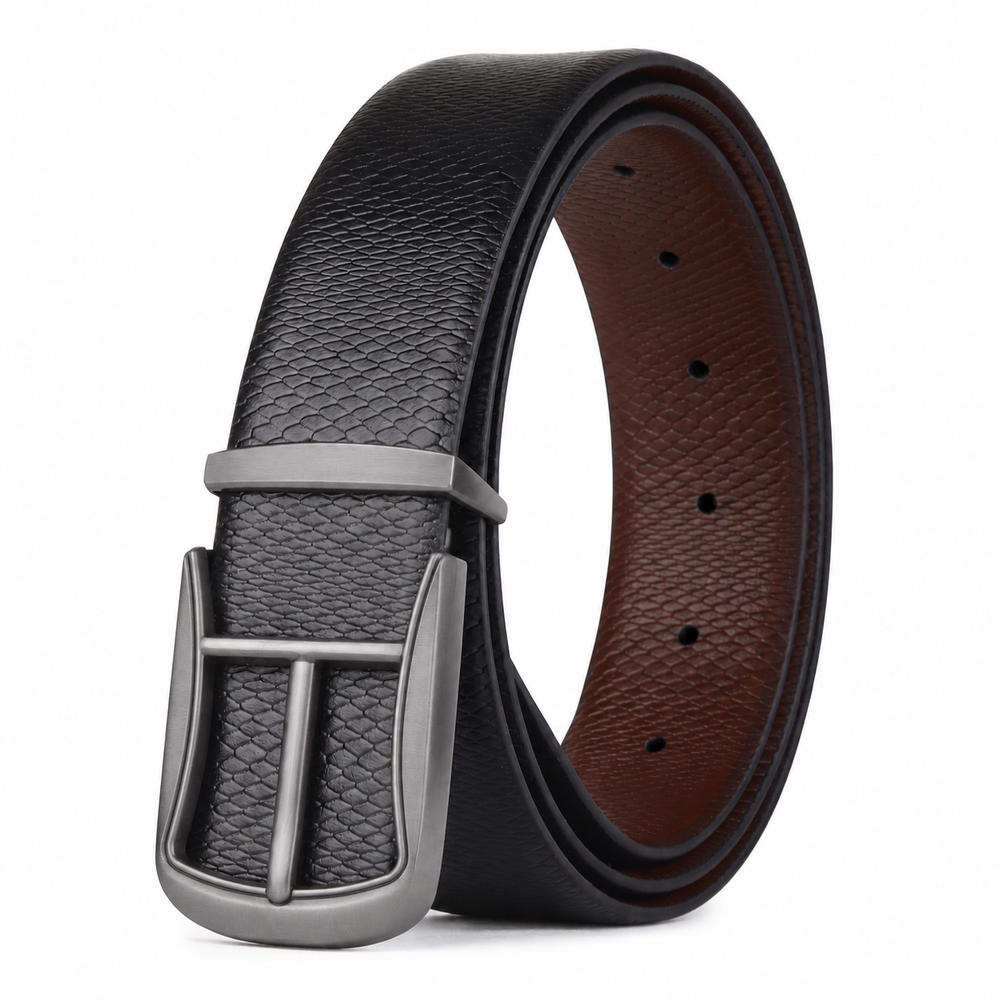 Hayes London | Cronos Viper Black & Brown Italian Leather Reversible Belt for Men – Matte Grey Buckle