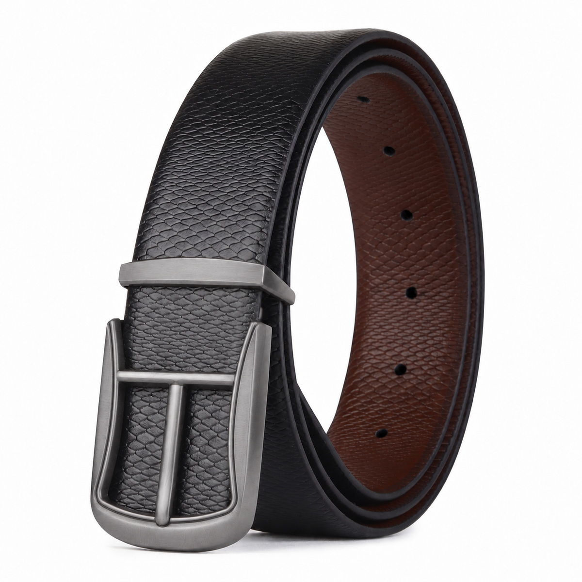 Hayes London | Cronos Viper Black & Brown Italian Leather Reversible Belt for Men – Matte Grey Buckle