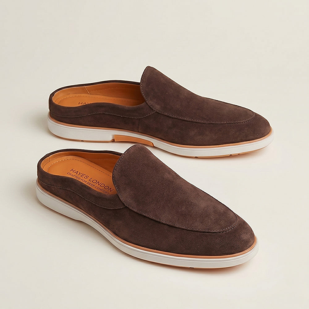Hayes London | Riviera Brown - Italian Suede Leather Backless Slip-On Mule Loafers for Men – Casual Summer-Walk Half Shoes