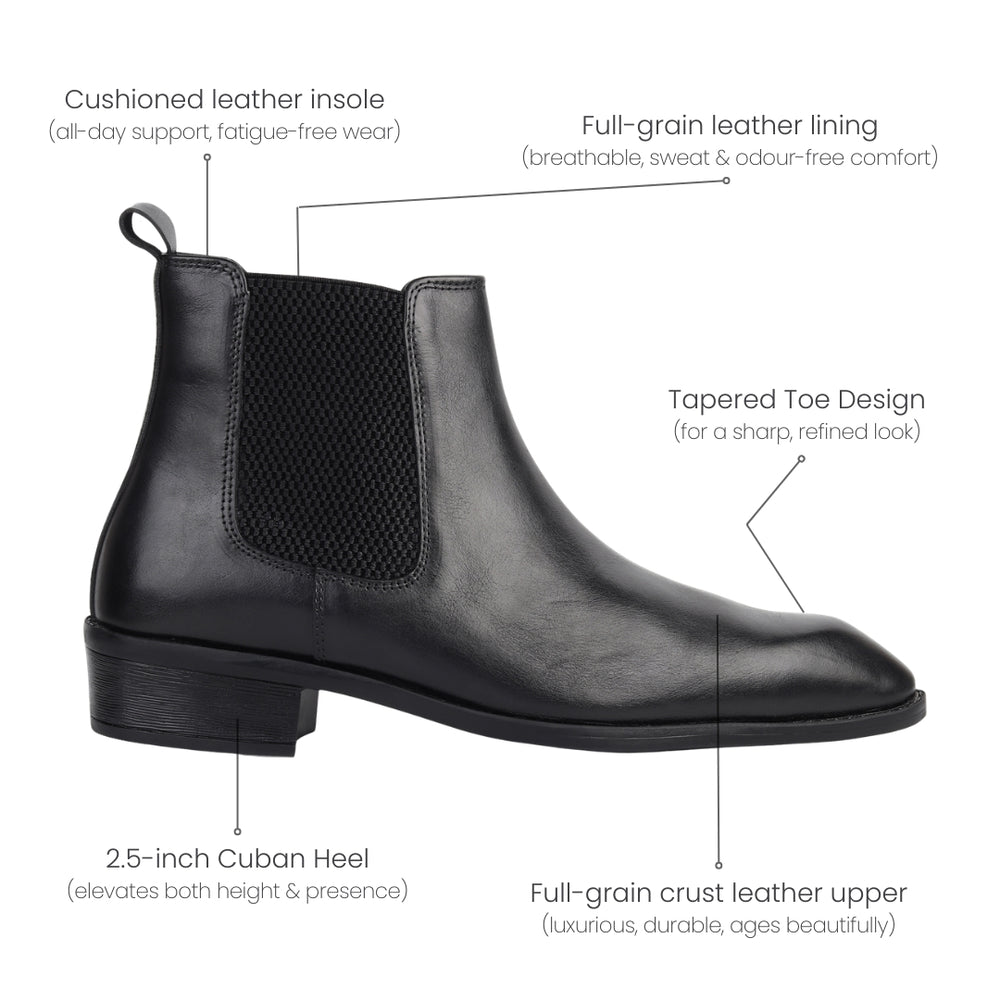 Hayes London | Triabbiani Cuban Heel Boots – Black Plain Genuine Leather Men’s Boots (2.5-Inch Heel & Tapered Toe Design)