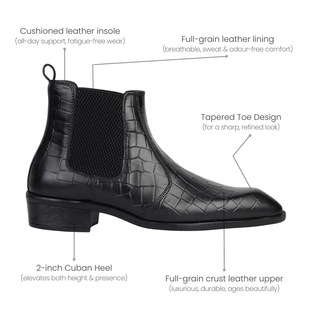 Hayes London | Pablo Cuban Boots – Black Croco-Textured Genuine Leather Men’s Boots (2-Inch Heel & Tapered Toe Design)