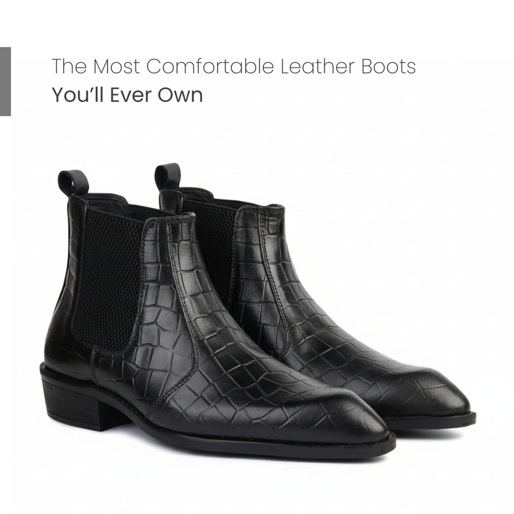 Hayes London | Pablo Cuban Boots – Black Croco-Textured Genuine Leather Men’s Boots (2-Inch Heel & Tapered Toe Design)