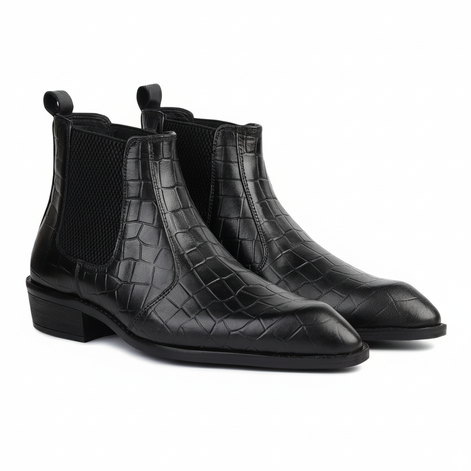 Hayes London | Pablo Cuban Boots – Black Croco-Textured Genuine Leather Men’s Boots (2-Inch Heel & Tapered Toe Design)