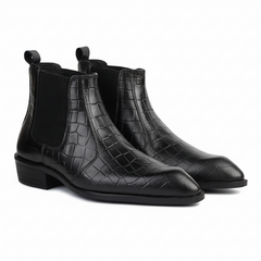 Hayes London | Pablo Cuban Boots – Black Croco-Textured Genuine Leather Men’s Boots (2-Inch Heel & Tapered Toe Design)
