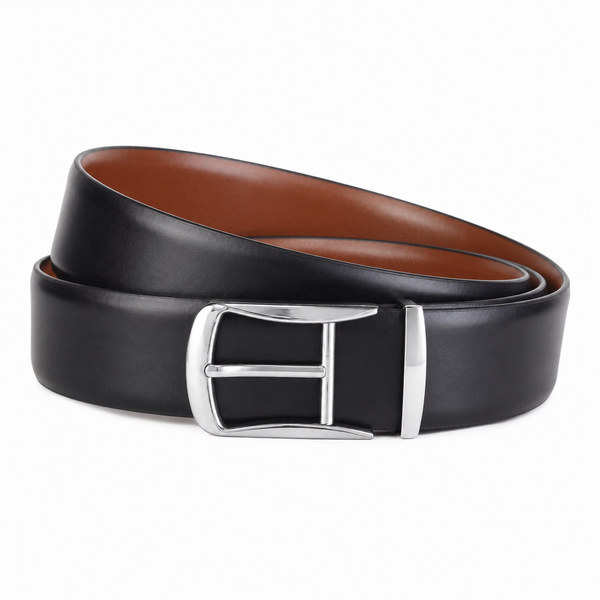 Cronos Plain Black & Brown Italian Leather Reversible Belt for Men – Silver Buckle