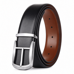 Cronos Plain Black & Brown Italian Leather Reversible Belt for Men – Silver Buckle