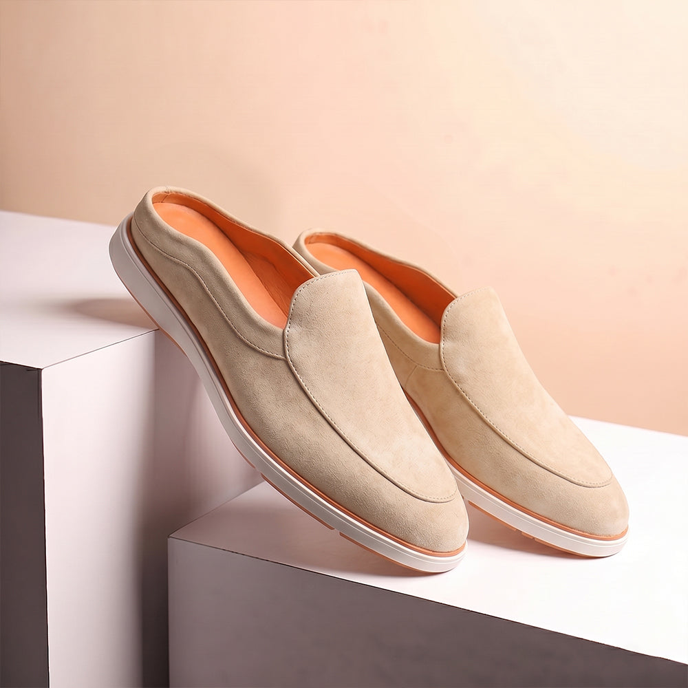 Riviera Beige - Italian Suede Leather Backless Slip-On Mule Loafers for Men – Casual Summer-Walk Half Shoes