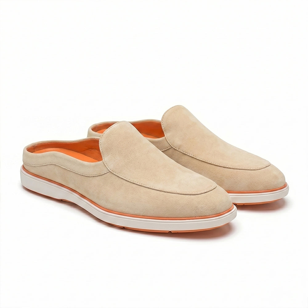 Riviera Beige - Italian Suede Leather Backless Slip-On Mule Loafers for Men – Casual Summer-Walk Half Shoes