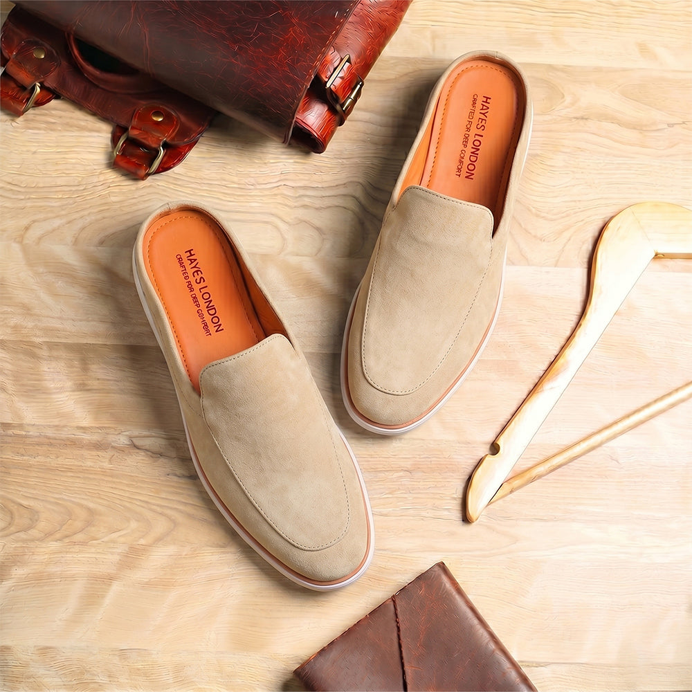 Riviera Beige - Italian Suede Leather Backless Slip-On Mule Loafers for Men – Casual Summer-Walk Half Shoes