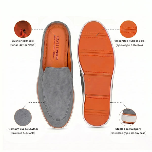 Hayes London | Riviera Ash Grey Italian Suede Leather Mules for Men – Breathable Backless Slip-On Shoes for Casual & Everyday Wear