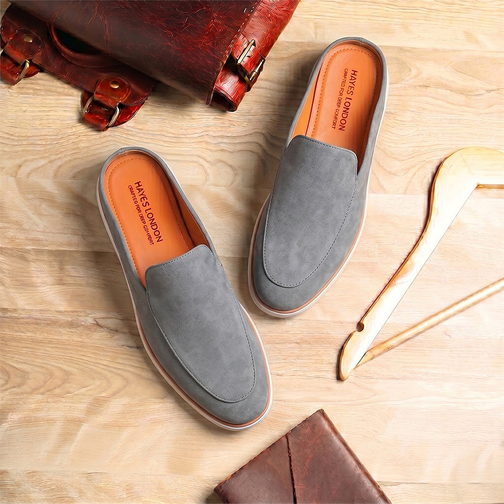 Riviera Ash Grey - Italian Suede Leather Backless Slip-On Mule Loafers for Men – Casual Summer-Walk Half Shoes