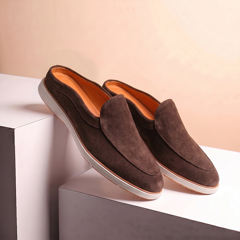 Riviera Brown - Italian Suede Leather Backless Slip-On Mule Loafers for Men – Casual Summer-Walk Half Shoes