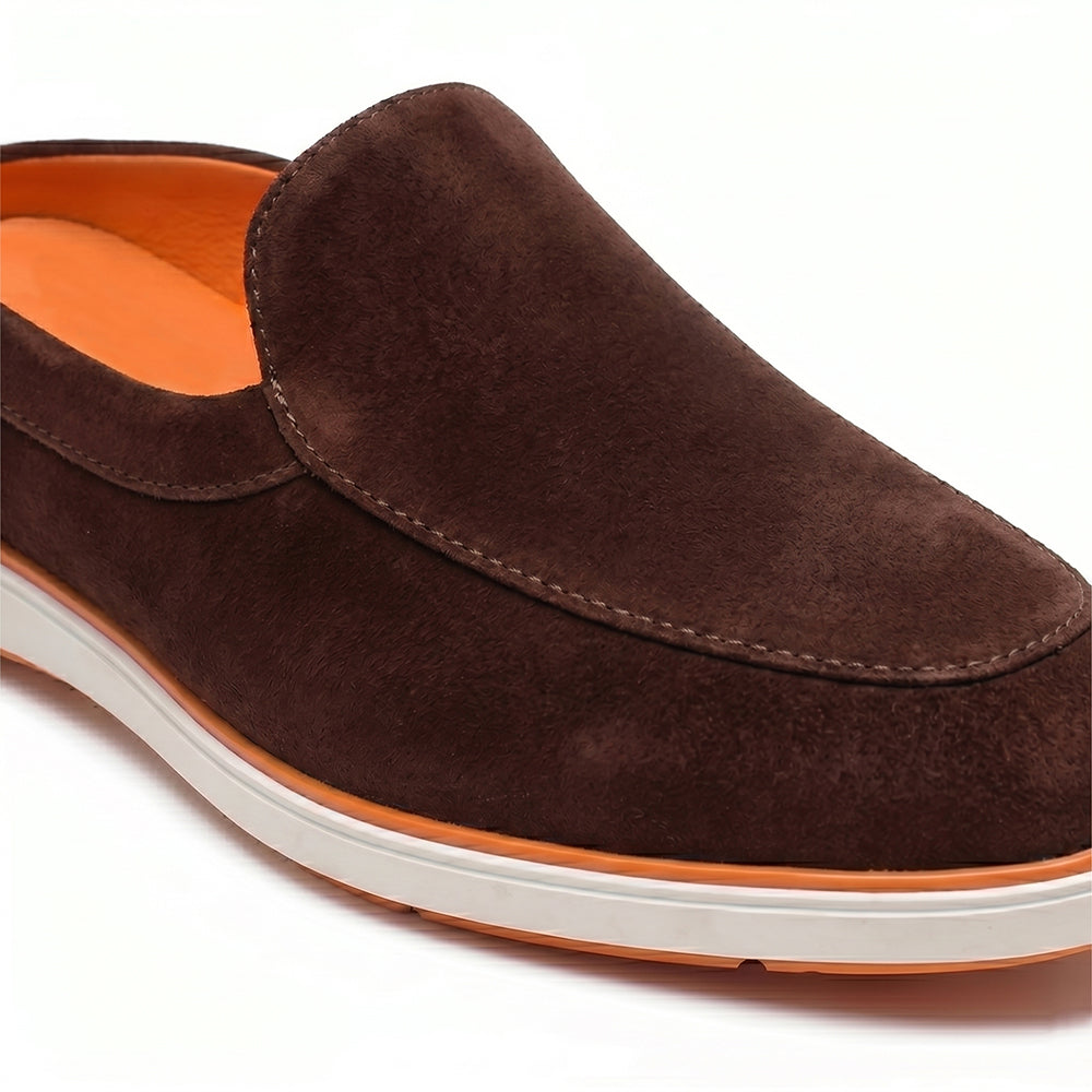 Riviera Brown - Italian Suede Leather Backless Slip-On Mule Loafers for Men – Casual Summer-Walk Half Shoes
