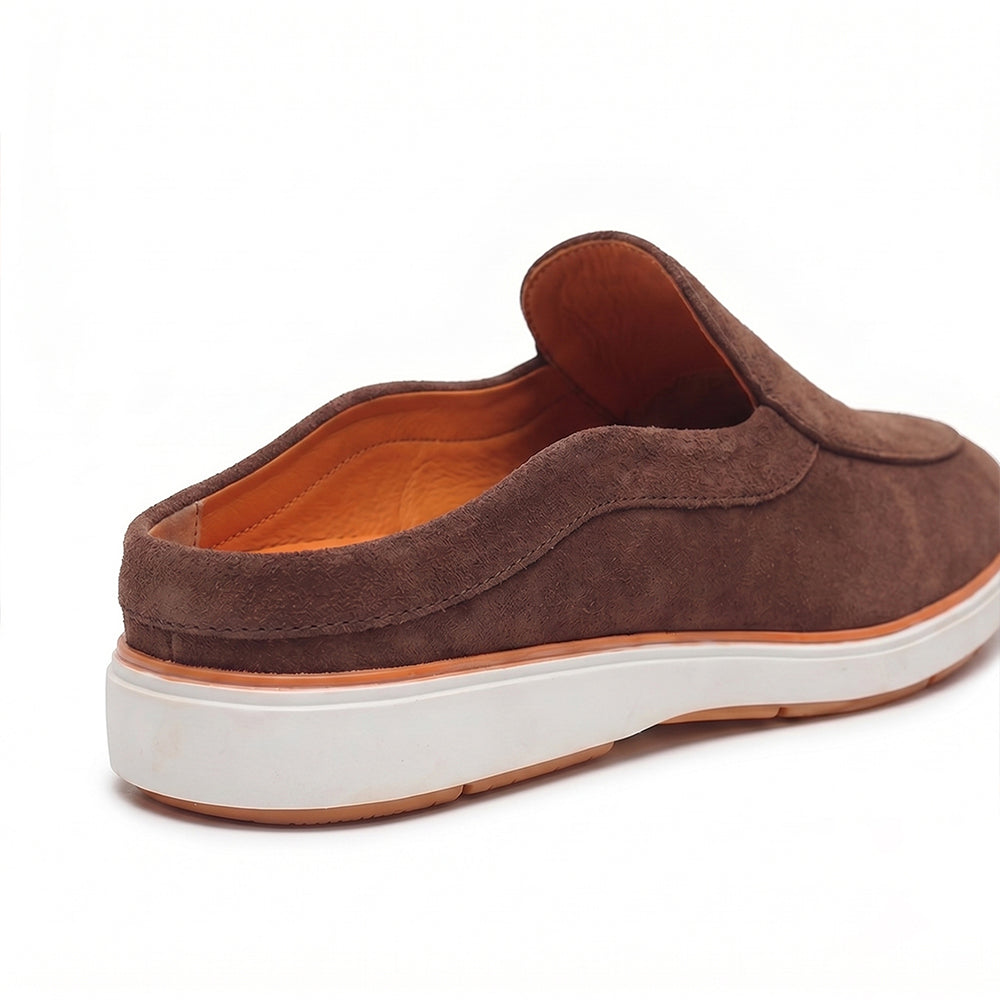 Riviera Brown - Italian Suede Leather Backless Slip-On Mule Loafers for Men – Casual Summer-Walk Half Shoes