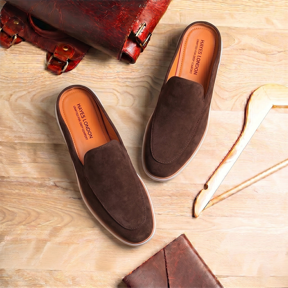 Riviera Brown - Italian Suede Leather Backless Slip-On Mule Loafers for Men – Casual Summer-Walk Half Shoes
