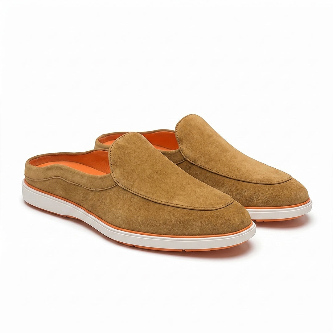 Riviera Camel Brown - Italian Suede Leather Backless Slip-On Mule Loafers for Men – Casual Summer-Walk Half Shoes