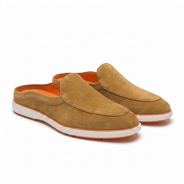 Hayes London | Riviera Camel Brown - Italian Suede Leather Backless Slip-On Mule Loafers for Men – Casual Summer-Walk Half Shoes