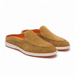Riviera Camel Brown - Italian Suede Leather Backless Slip-On Mule Loafers for Men – Casual Summer-Walk Half Shoes
