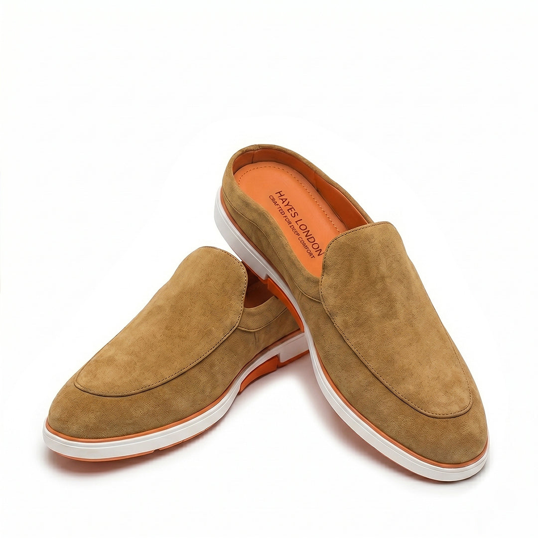 Riviera Camel Brown - Italian Suede Leather Backless Slip-On Mule Loafers for Men – Casual Summer-Walk Half Shoes