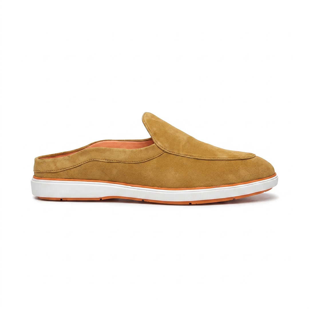 Riviera Camel Brown - Italian Suede Leather Backless Slip-On Mule Loafers for Men – Casual Summer-Walk Half Shoes