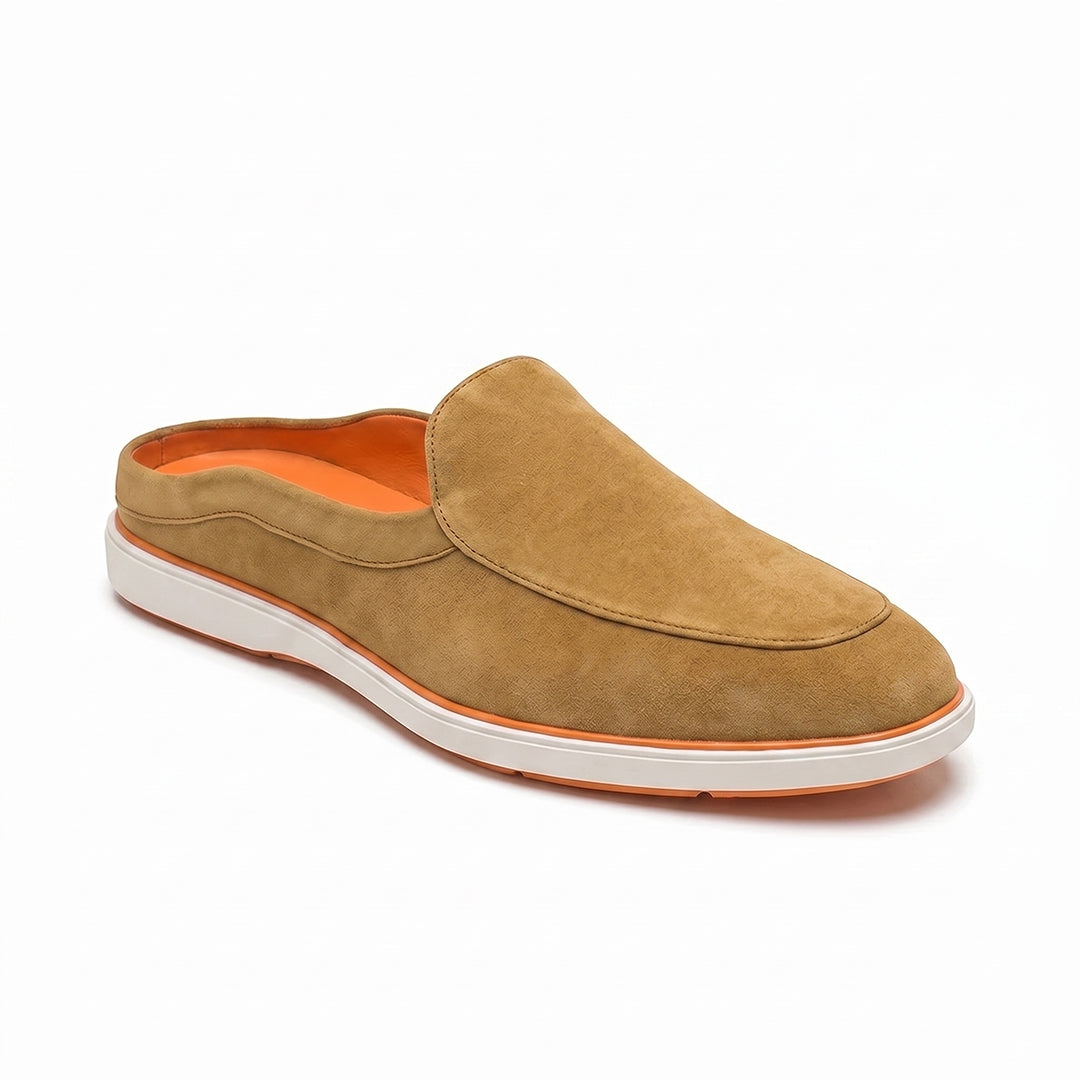 Riviera Camel Brown - Italian Suede Leather Backless Slip-On Mule Loafers for Men – Casual Summer-Walk Half Shoes