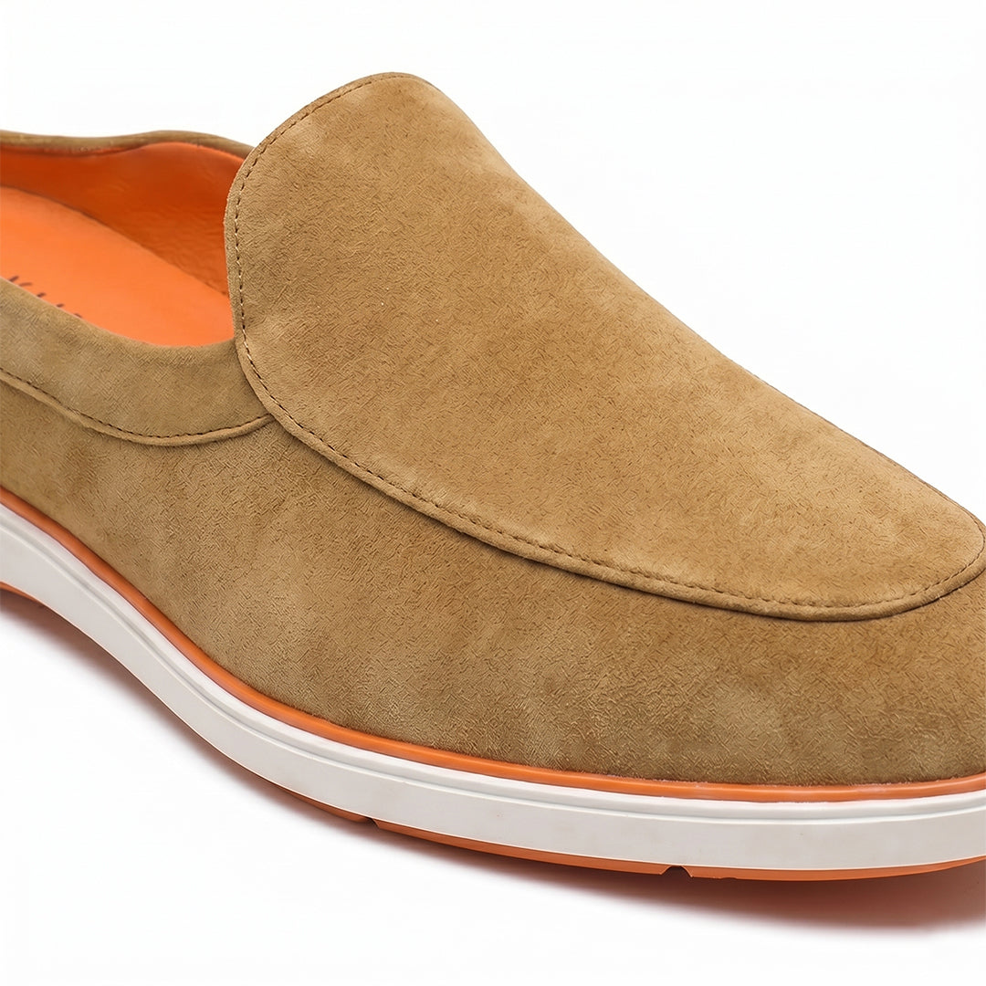 Riviera Camel Brown - Italian Suede Leather Backless Slip-On Mule Loafers for Men – Casual Summer-Walk Half Shoes